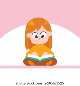 Cartoon girl reading a book, sitting cross-legged, pink background