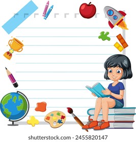 Cartoon girl reading book surrounded by school items