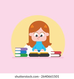 Cartoon girl reading book surrounded by stacks of colorful books.