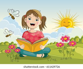 Cartoon Girl Reading Book - Vector Illustration 