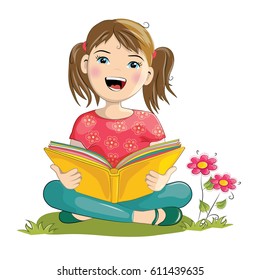 Cartoon Girl Reading Book - Vector Illustration