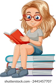 Cartoon of a girl reading on a stack of books