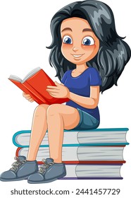 Caricatura de una niña leyendo en una pila de libros
