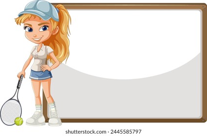 Cartoon of a girl ready to play tennis, with space for text.