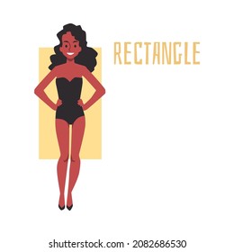 Cartoon girl with rectangle body shape standing in swimsuit. Female figure type with rectangular proportions, isolated vector illustration of smiling lady