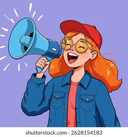 
A cartoon girl with a red cap and red hair shouts into a blue megaphone.