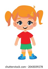 Cartoon girl with red hair in anime style. Sports uniform - shorts and a T-shirt. Vector illustration of toddler character in children s style. Isolated fun clipart on a white background. Cute print