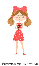 Cartoon girl with red hair with a big bow in a red dress with white pulka dots