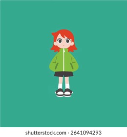 Cartoon Girl with Red Hair in Green Jacket Illustration
