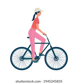Cartoon girl riding a bicycle and smiling - side view of young woman on a bike