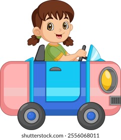 Cartoon girl riding a eraser car of illustration