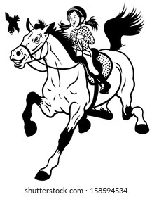cartoon girl riding horse black and white children illustration