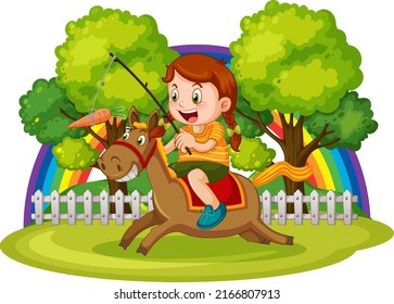 Cartoon girl riding horse illustration