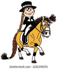 cartoon girl riding a pony horse. Funny equestrian dressage sport . Isolated vector illustration 