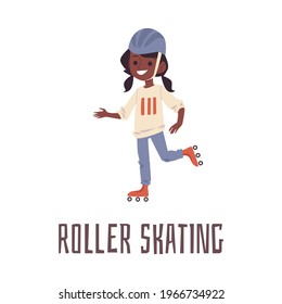 Cartoon girl roller skating in sport helmet. Cute African child riding roller blades and smiling - isolated vector illustration of happy roller blading kid.