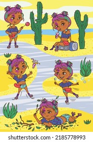 Сute cartoon girl rollerblading in the desert with cacti