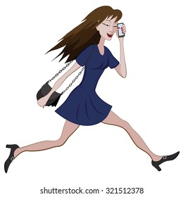 Cartoon girl running hurriedly with a bag and phone in hand 