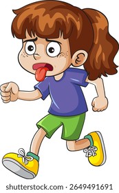 Cartoon girl running with a tired expression, wearing colorful clothes. Dynamic pose and vibrant colors enhance the energetic scene