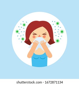 Cartoon girl with a runny nose. A woman with a handkerchief sneezes, splashes and germs fly around. Flu, viral disease. Vector