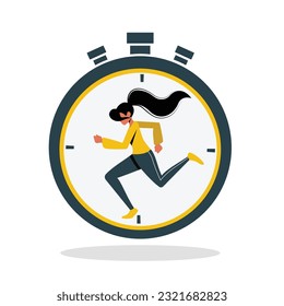 Cartoon girl runs on hands of clock trying keep up with time. Time management with people in flat cartoon style. Vector flat style illustration on white background