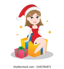 Cartoon girl in santy costume for Christmas eve. Setting on a gift box. Chibi character isolated on white background. Vector illustration.