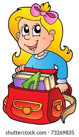 Cartoon girl with school bag - vector illustration.