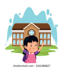 cartoon girl and school building over white background, colorful design , vector illustration