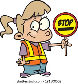 Cartoon Girl As A School Traffic Patrol