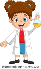 Cartoon girl scientist holding test tubes