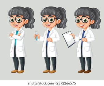 Cartoon girl scientist with lab equipment and clipboard