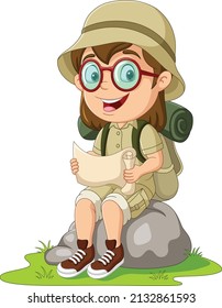 Cartoon-Girl-Scout auf Rock beim Lesen einer Karte