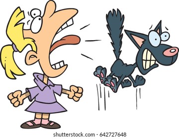 cartoon girl screaming and scaring a cat