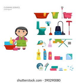 Cartoon girl with a set of objects for cleaning the house - brushes, cleaners, soap, napkins. Vector illustration. Flat design, cartoon style. Concept- cleaning the house