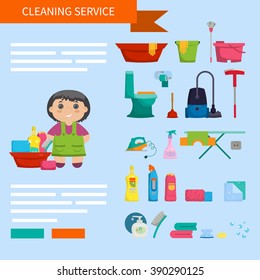 Cartoon girl with a set of objects for cleaning the house - brushes, cleaners, soap, napkins. Vector illustration. Flat design, cartoon style. Concept- cleaning the house