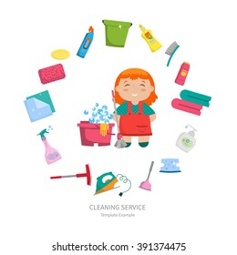 Cartoon girl with a set of objects for cleaning the house - brushes, cleaners, soap, napkins, arranged in a circle. Vector illustration. Sleek design, cartoon style. Concept - house cleaning
