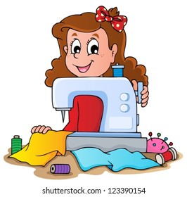 Cartoon Girl With Sewing Machine - Vector Illustration.