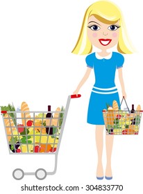 Cartoon girl with shopping cart full of groceries. Girl with trolley Isolated on white background. Vector woman with food basket. Colorful woman with grocery bag. Grocery shopper vector illustration.