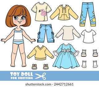 Cartoon girl  with short bob and clothes separately  -  long sleeve, dress and jeans. Image produced without the use of any form of AI software at any stage.
