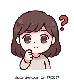 Uma garota de desenho animado com cabelo marrom curto e uma expressão confusa, com um ponto de interrogação vermelho ao lado de sua cabeça. Ideal para adesivos, conjuntos de emojis ou ilustrações de reação.