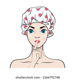 Cartoon Girl In Shower Cap Puts A Finger To Her Lips. Vector Illustration In Cartoon Style