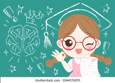 cartoon girl showing perfect test results with A plus