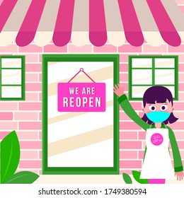 Cartoon Girl Showing Shop with We Are Reopen Sign Board.