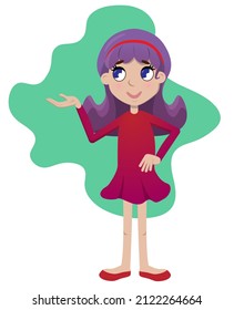 Cartoon girl shows something. 
The girl points with her hand. Girl with purple hair.
Show on something