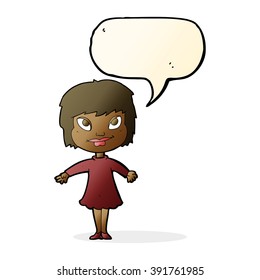 cartoon girl shrugging shoulders with speech bubble