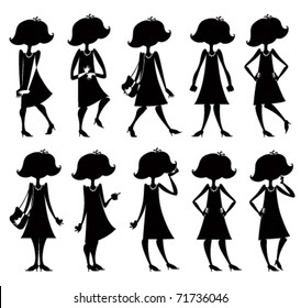 Cartoon girl silhouettes set in different poses and actions.