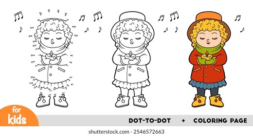 Cartoon girl singing a Christmas song, education dot to dot game for children. Winter activity worksheet