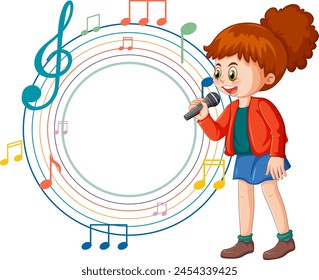 Cartoon girl singing into a microphone with notes.