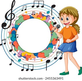 Cartoon girl singing, surrounded by vibrant musical notes.