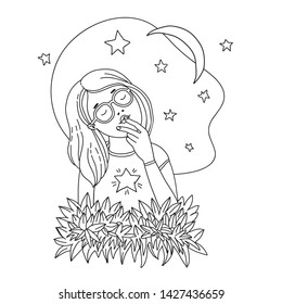 Cartoon girl sits and dreams at night