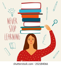 Cartoon girl sitting with books on her head. Vector illustration about education